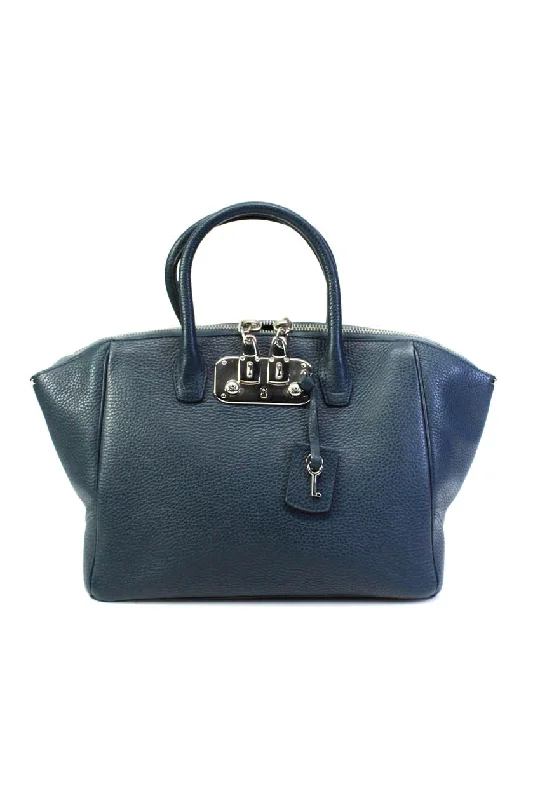 VBH Womens Double Handle Zip Top Grain Leather Large Key Satchel Handbag Blue