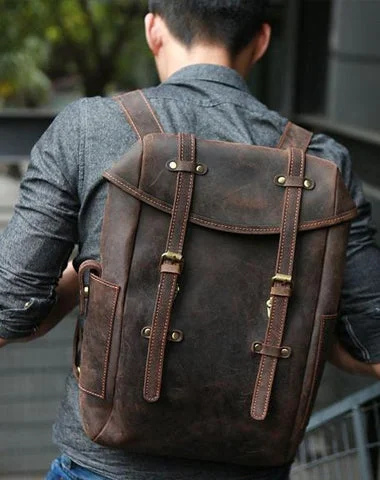 Vintage Coffee Leather Mens Backpack Travel Backpacks Laptop Backpack for men