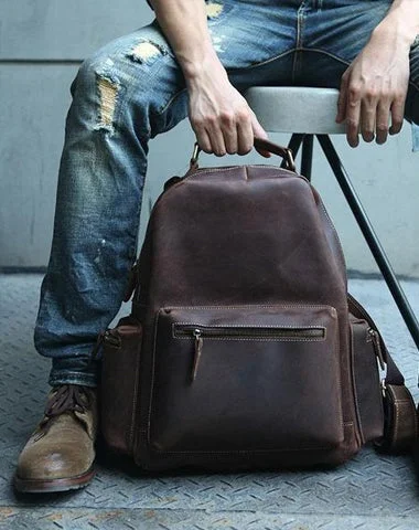 Vintage Coffee Mens Leather Backpack Travel Backpacks Laptop Backpack for men