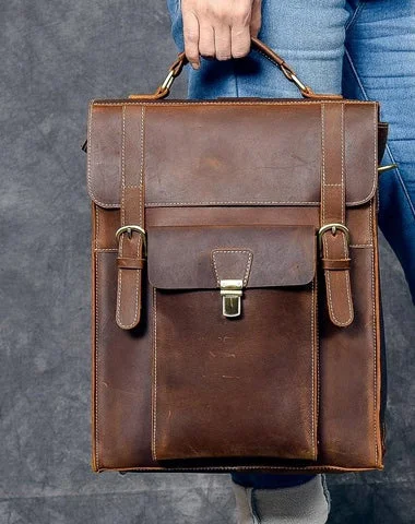 Leather Mens 14" Brown Laptop Backpack Side Bag Backpack College Backpack Handbag for Men