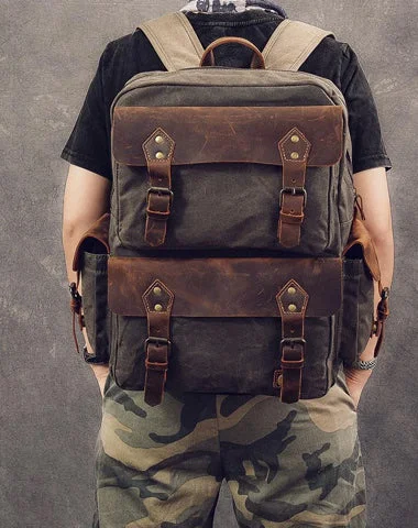 Waxed Canvas Leather Mens 15" Laptop Backpack Army Green Travel Backpack Dark Gray College Backpack for Men