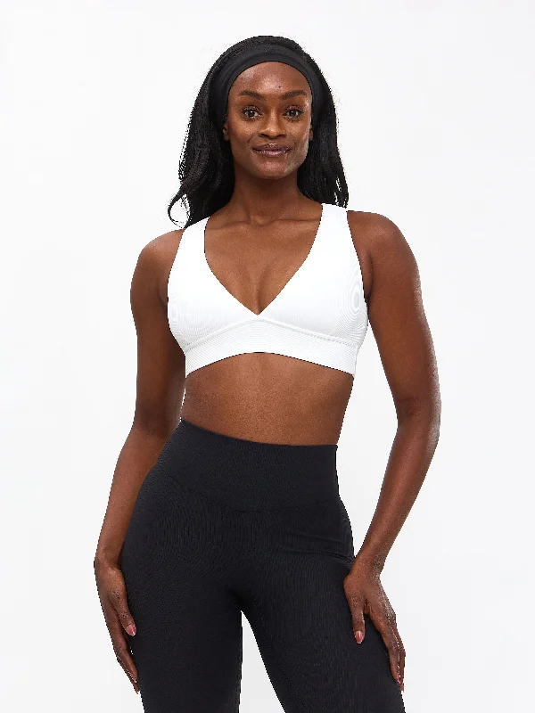 Ribbed Deep V Sports Bra - White