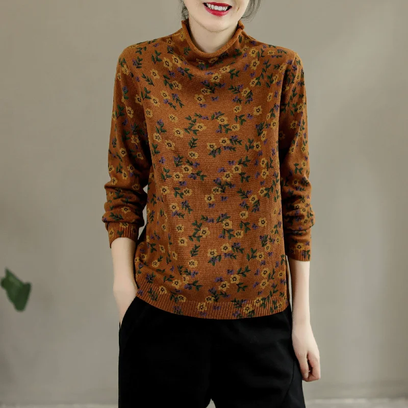 Autumn Retro Floral Turtleneck Cotton Knitted Sweater