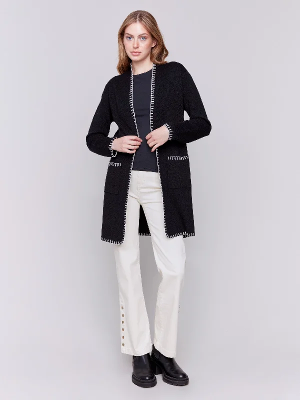 Blanket Stitch Long Cardigan - Black