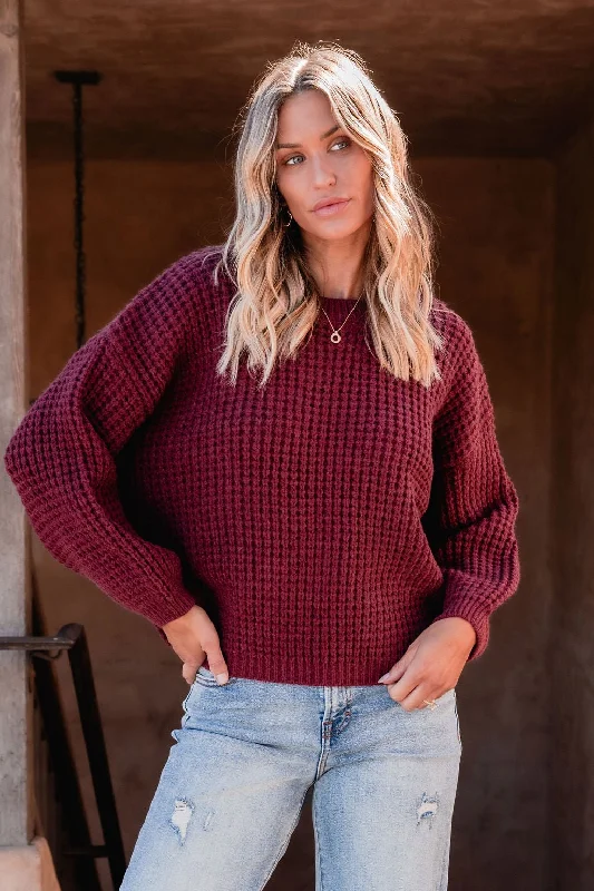 Burgundy Ribbed Waffle Knit Sweater