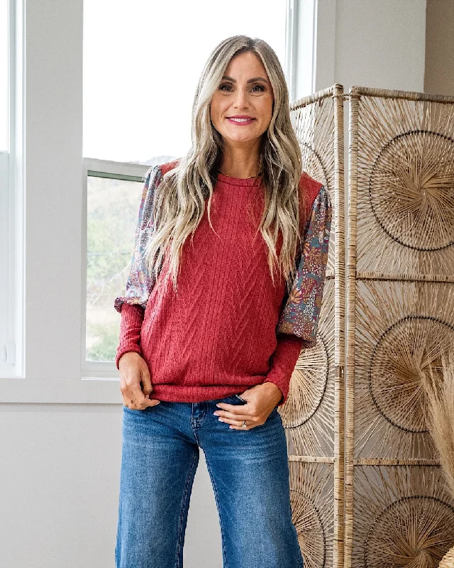 NEW! Jessie Cable Knit with Floral Sleeve Top - Dark Mauve