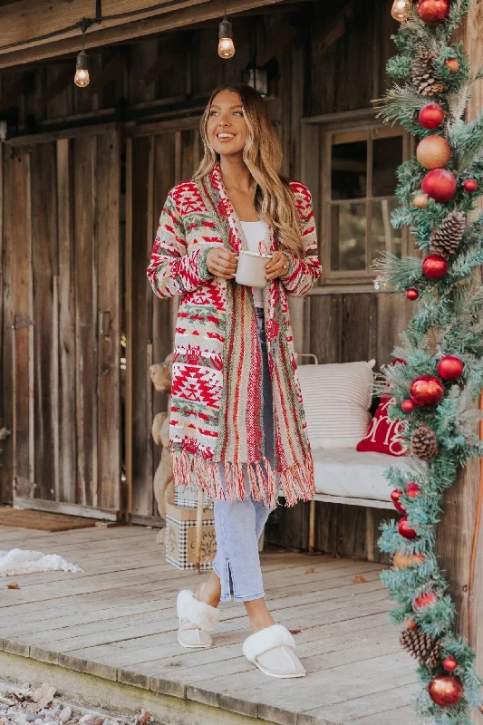 Red & Green Aztec Striped Boho Fringe Cardigan