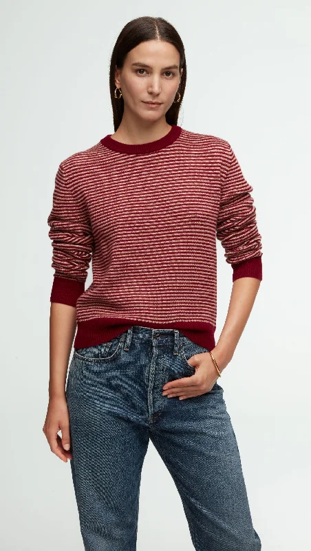 Striped Crewneck Sweater in Wool-Cashmere | Camel/Merlot